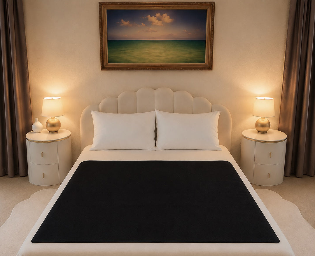 Aquamarine organic cotton Venus Mat black active-dry side up — reversible waterproof sex mat, breathable, PFAS-free, made in the USA