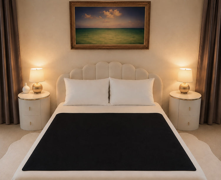 Aquamarine organic cotton Venus Mat black active-dry side up — reversible waterproof sex mat, breathable, PFAS-free, made in the USA