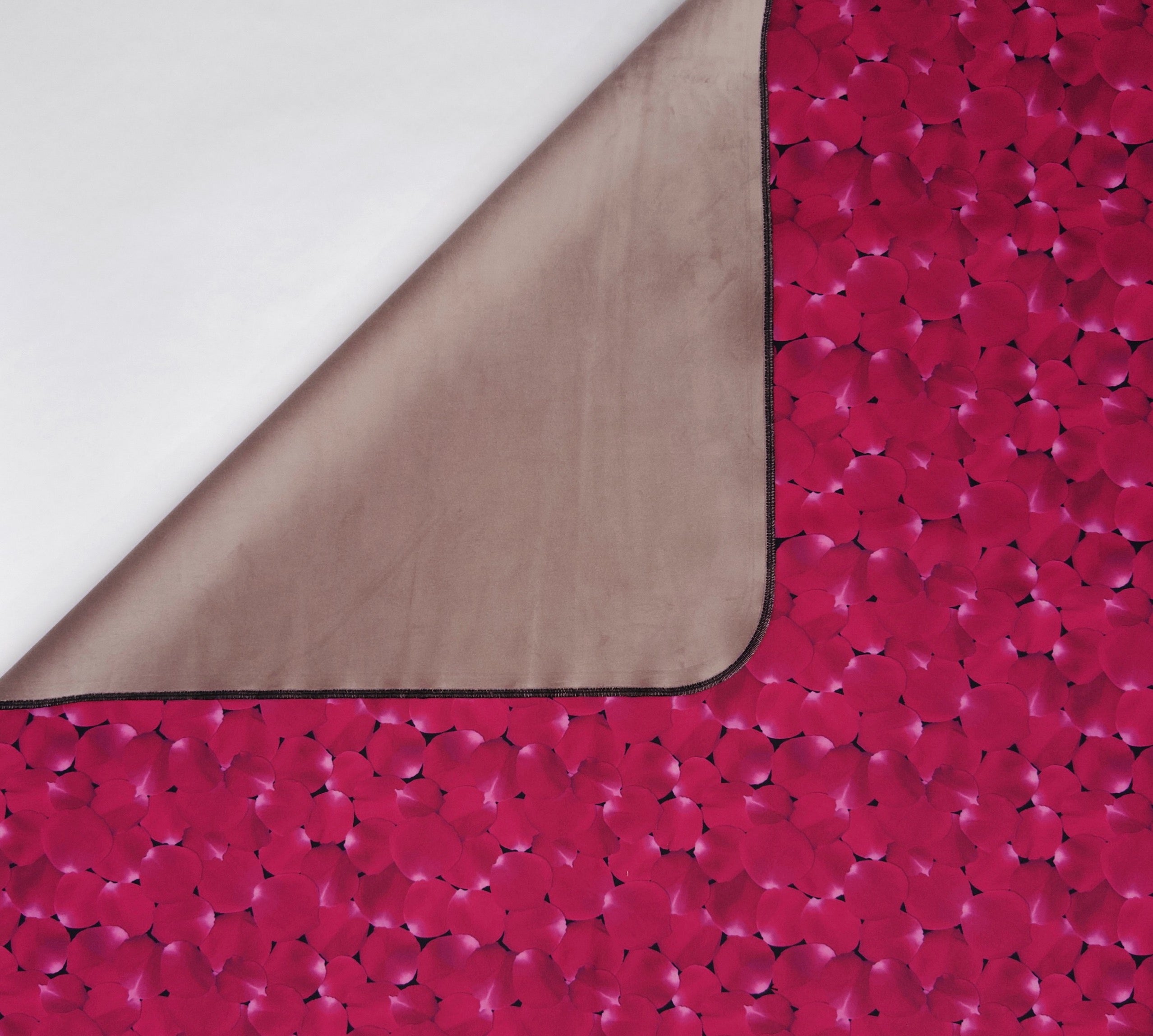 Magenta rose petals on a lilac velvet backing in this Zenith Venus Mat period blanket.
