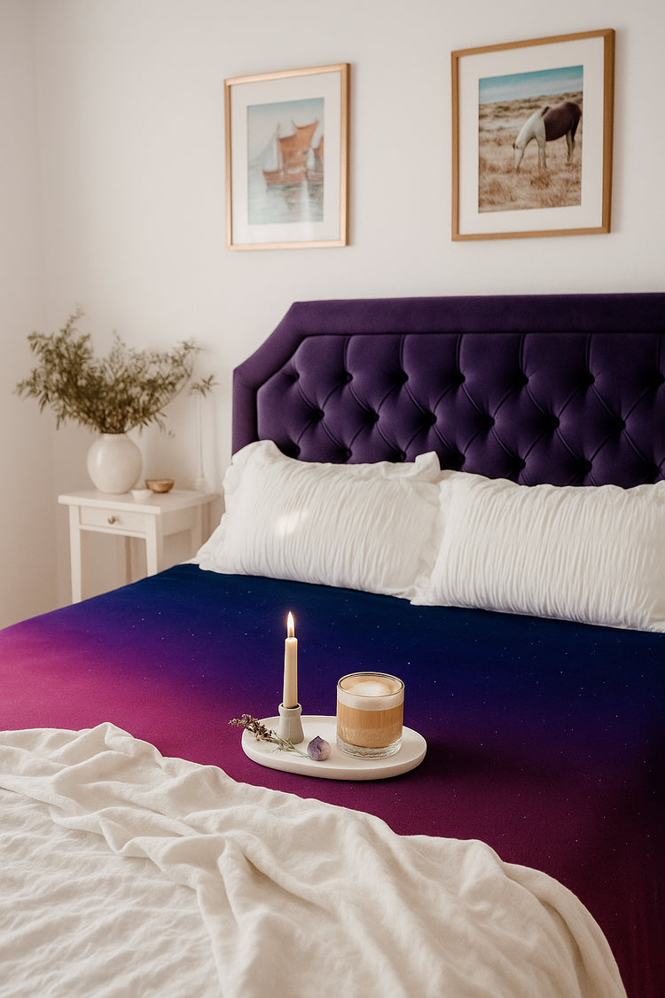 The Aurora Zenith Venus Mat hot pink to deep purple dotted with stars--sleek support for protecting your bedding. Made in the USA,