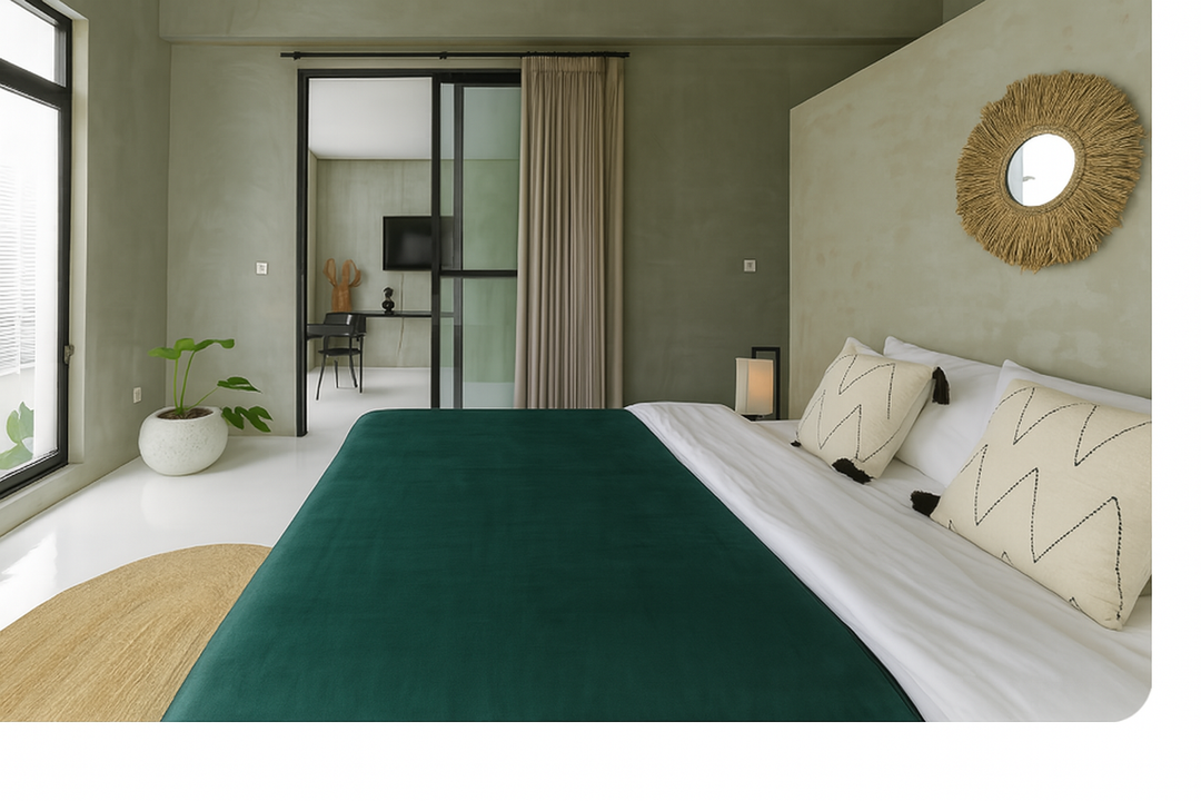 Modern bedroom with green Zenith Venus Mat waterproof blanket and white pillows, featuring a round mirror on the wall.