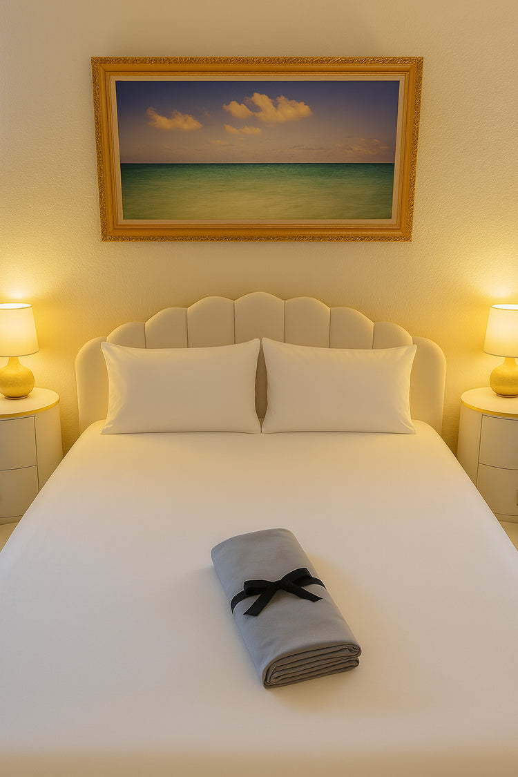 Folded Moonstone Organic Cotton Venus Mat on white sheets