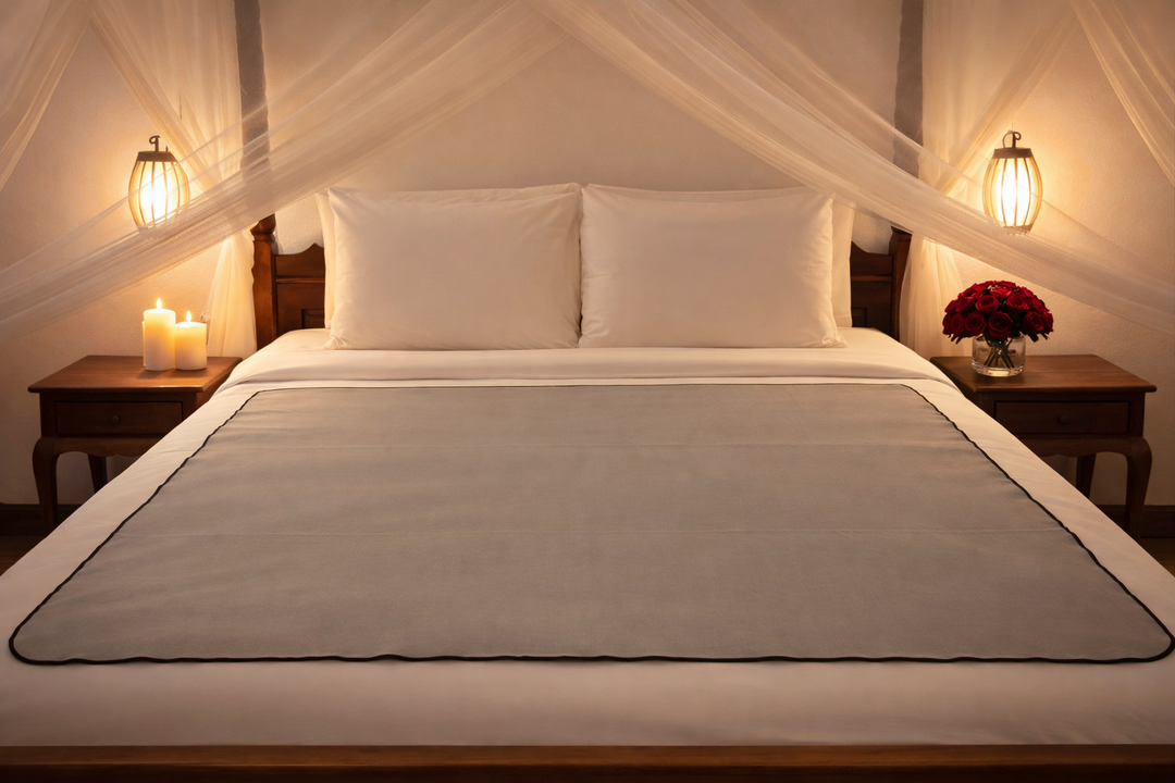 Soft gray organic cotton cover reversible waterproof bed mat.