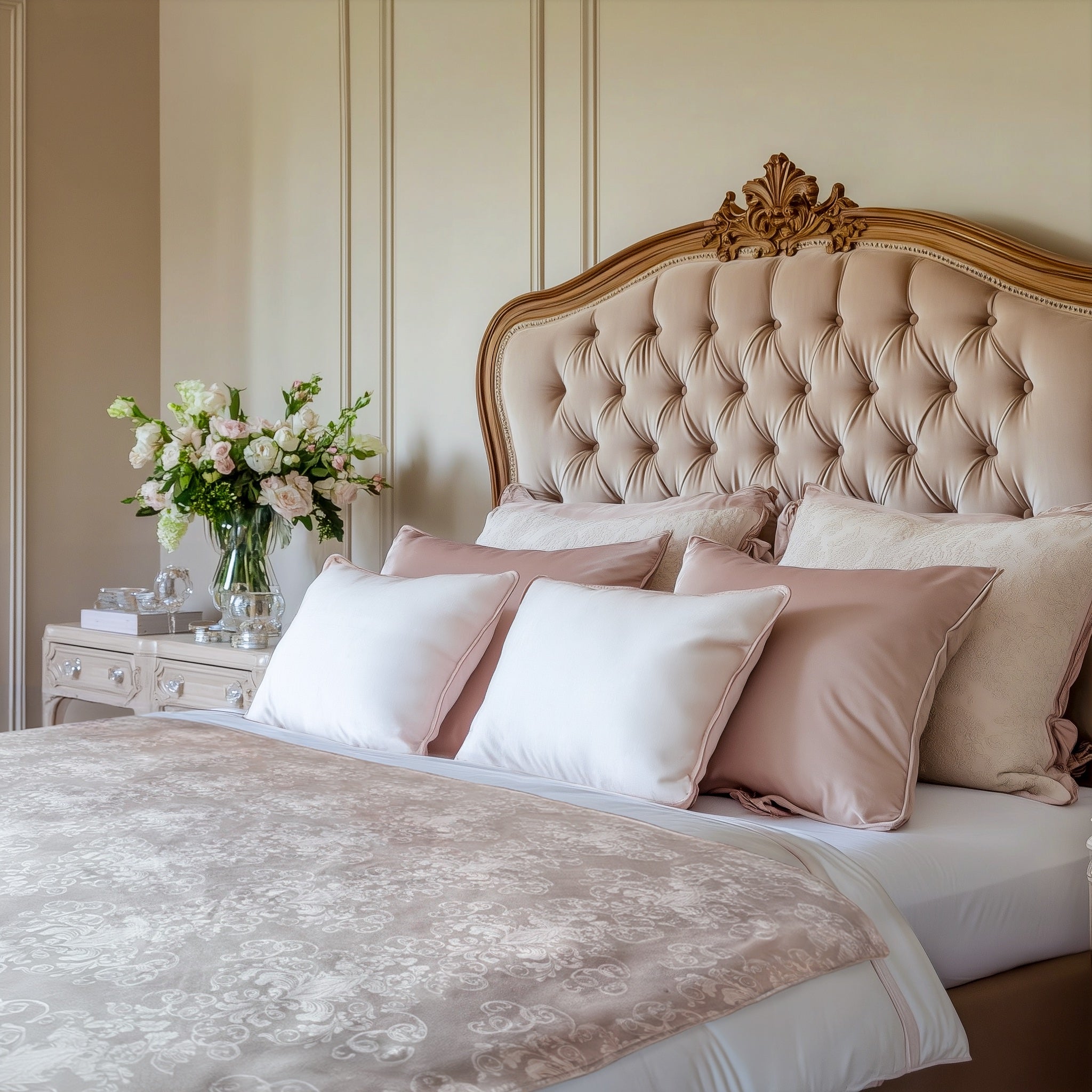 Luxurious bedroom with an ornate bed and a sexy Her Majesty Venus mat to protect the bedding.